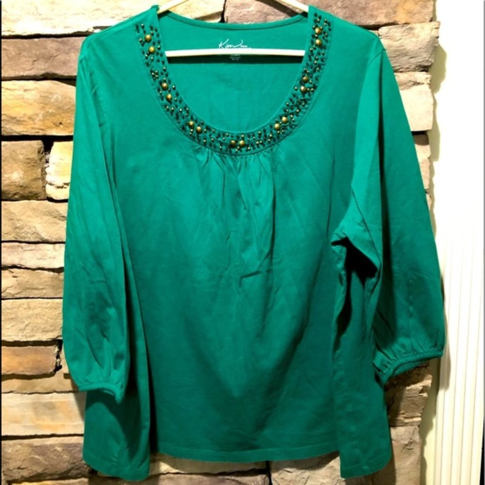 Kim Rogers 2X 100% cotton green shirt decorative neck elastic around sleeves